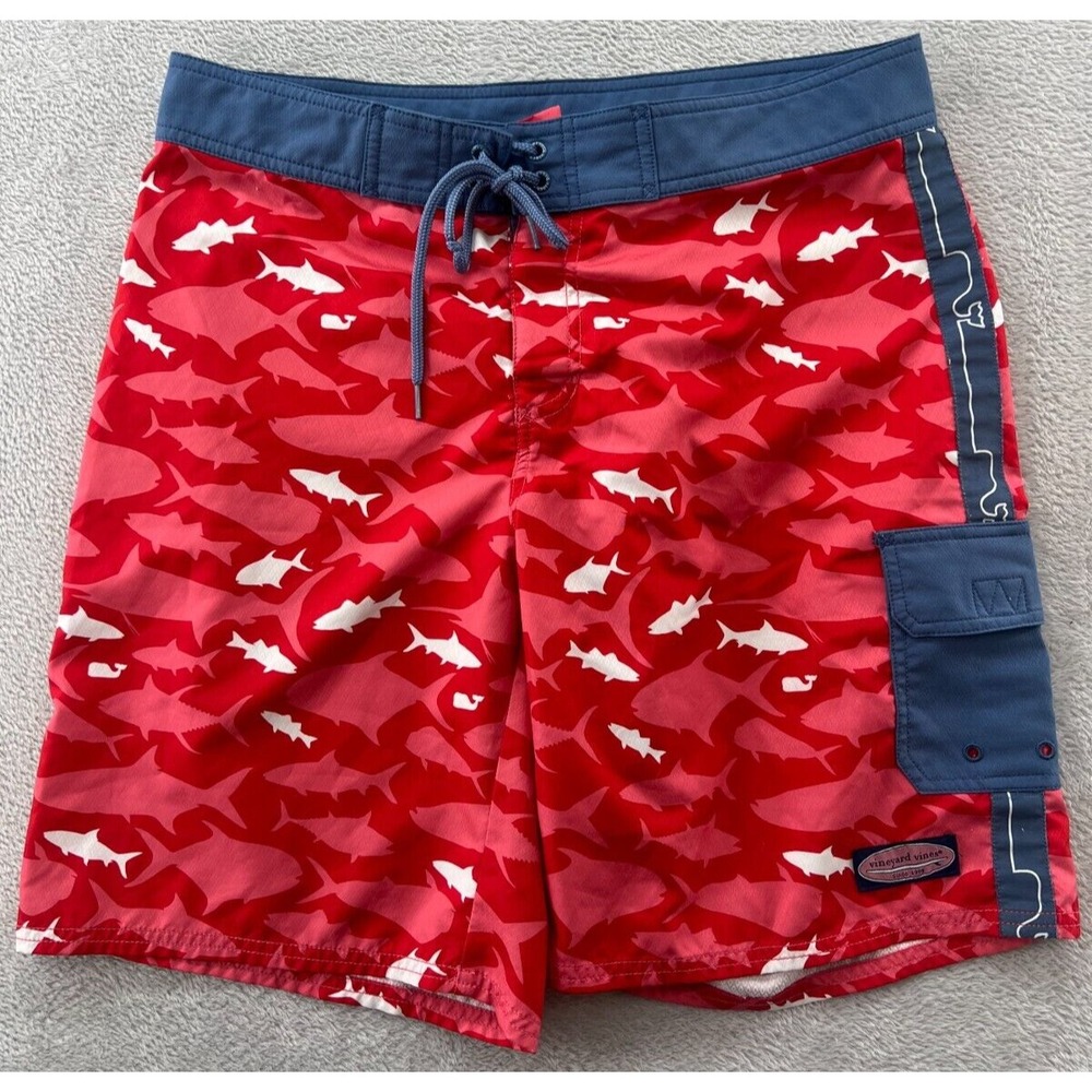 Vineyard Vines Board Shorts Men's 34 Red Pink Blue Shark Whale Camo Swim Trunks